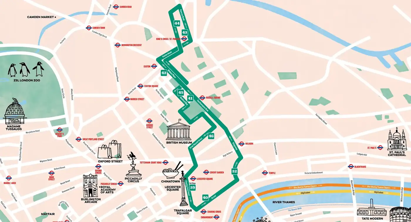Green Route map showing where to get off for the British Museum, Covent Garden, Chinatown and Trafalgar Square.