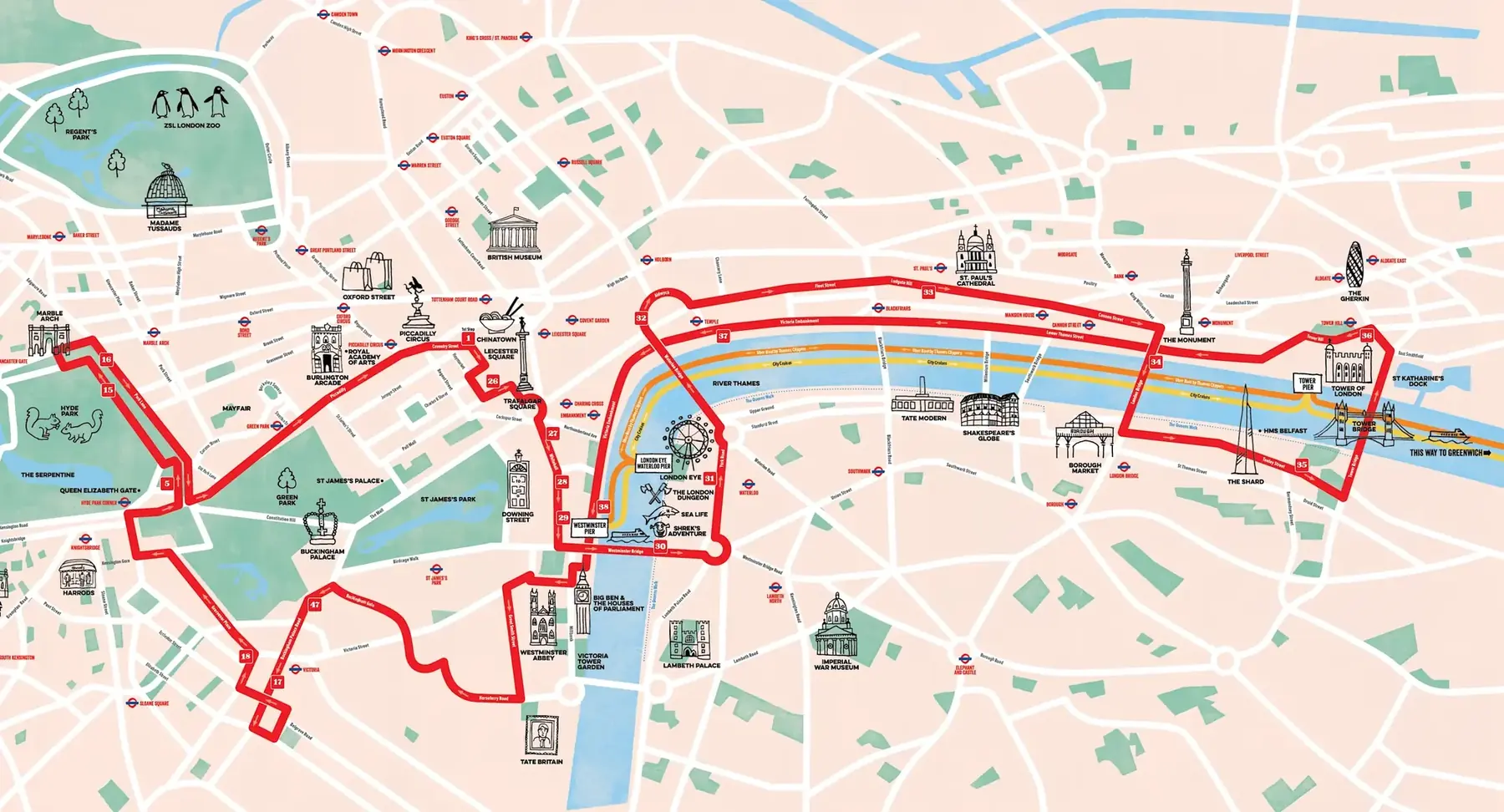 The Original Tour Red Route map of central London with the day's six stops marked in order: Westminster, Borough Market, Tower Bridge, the river back, the London Eye and Waterloo.
