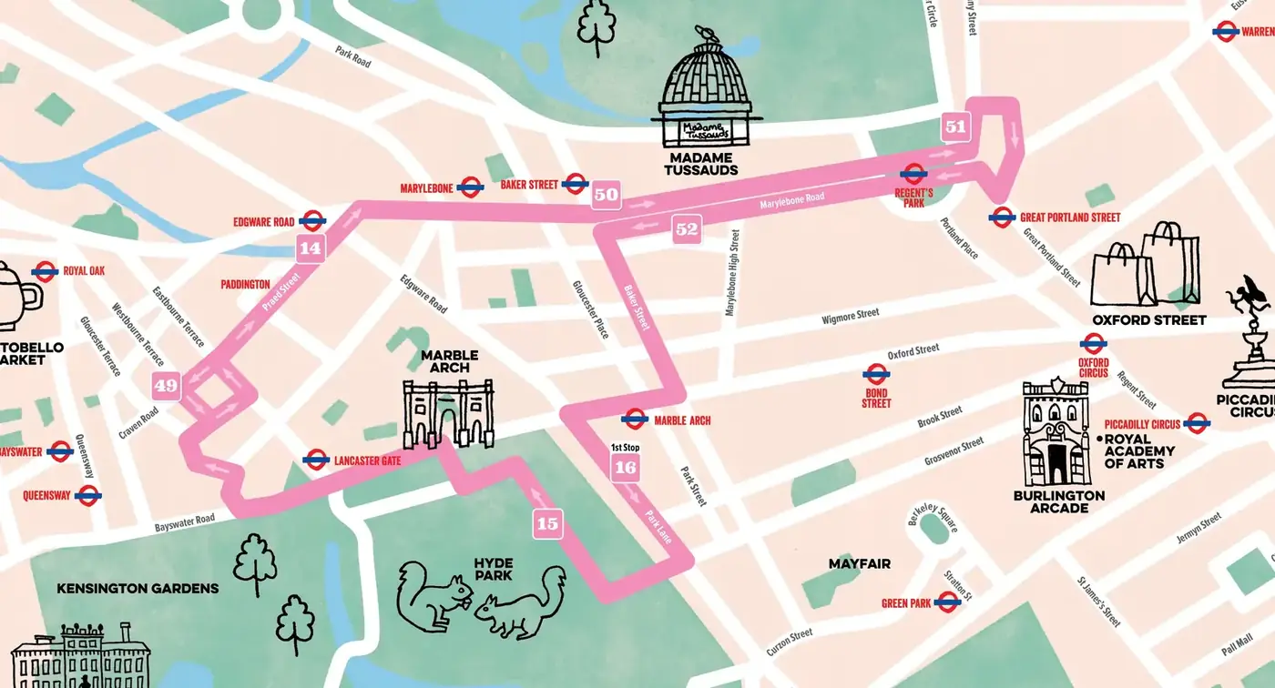 Pink Route map showing where to get off for Regent's Park, Baker Street, Speakers' Corner and Hyde Park.